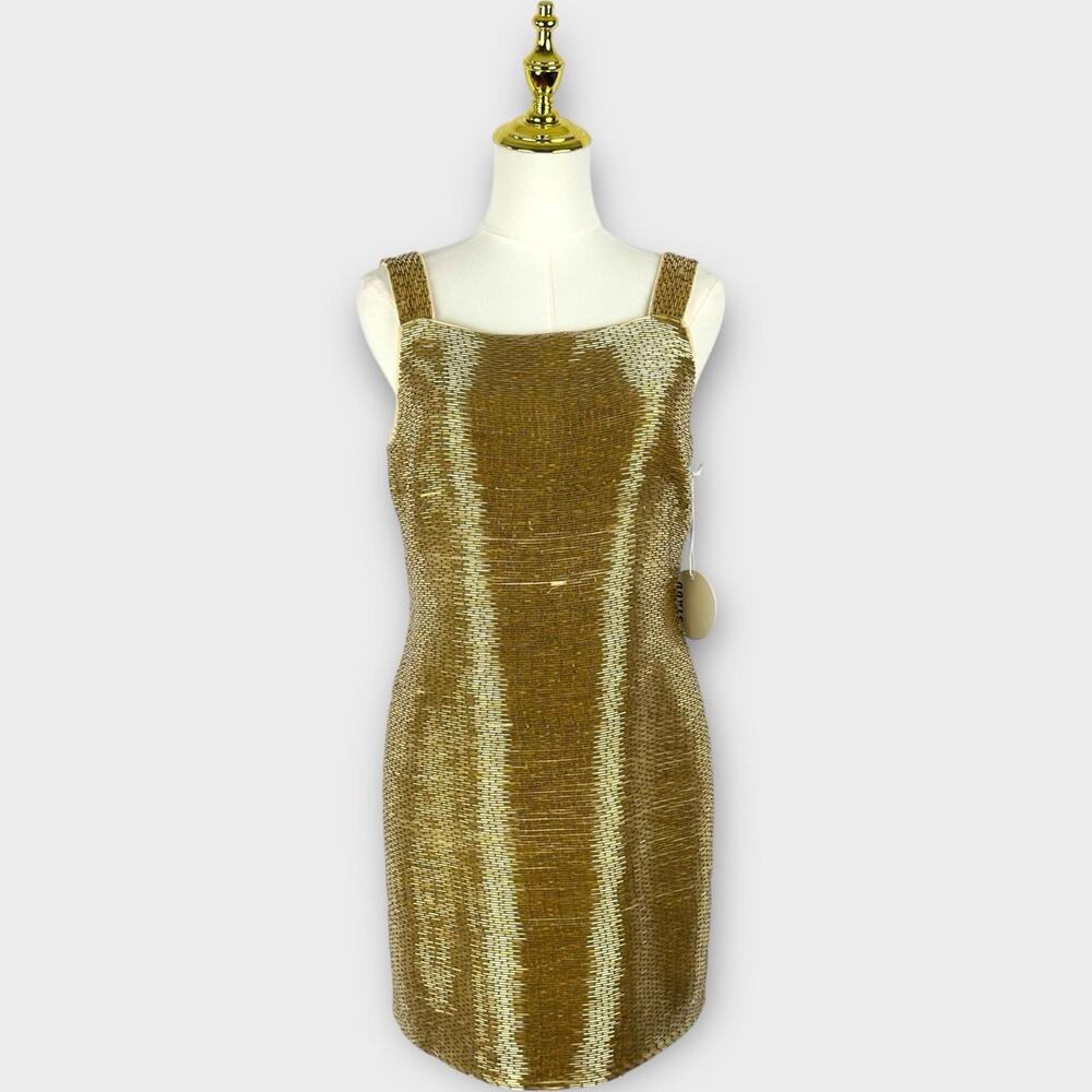 STAUD $1395 NWT Medium Le Sable Beaded Mini Cocktail Dress Gold Embellished